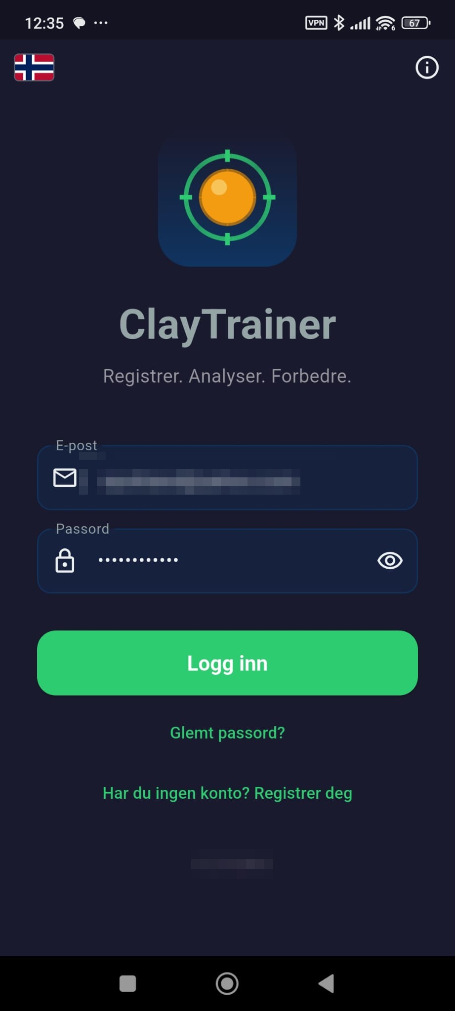 Clay Trainer sign-in screen displayed in Norwegian